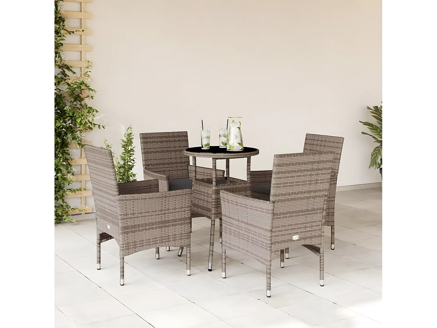 Ensemble à manger de jardin et coussins 5 pcs gris rotin verre