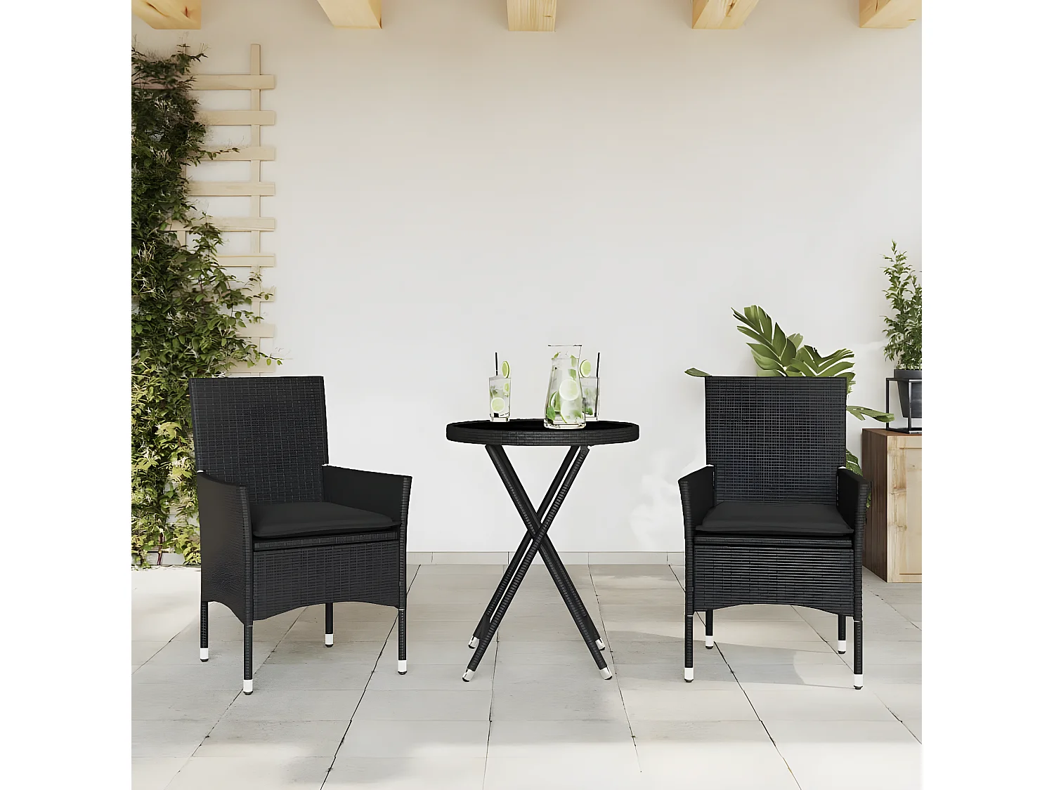 Ensemble de bistro avec coussins 3pcs noir résine tressée verre