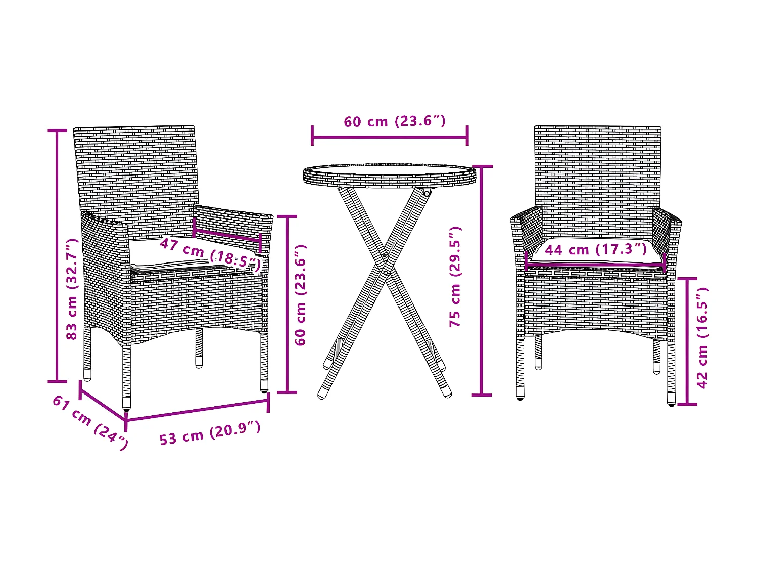 Ensemble de bistro avec coussins 3pcs noir résine tressée verre