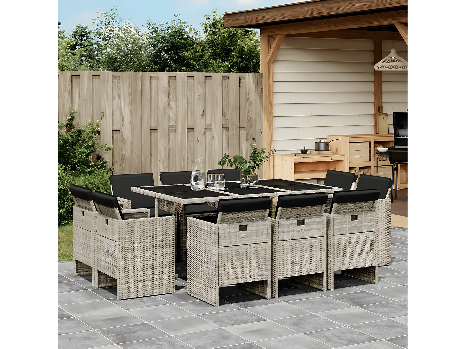 Ensemble à manger de jardin 11pcs avec coussins gris poly rotin