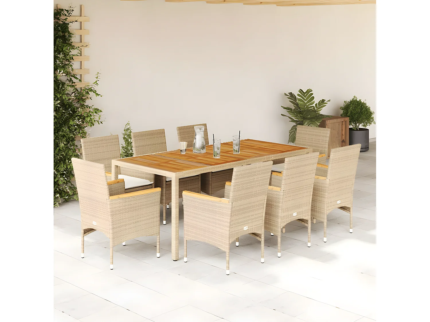 Ensemble à manger de jardin et coussins 9pcs beige rotin acacia