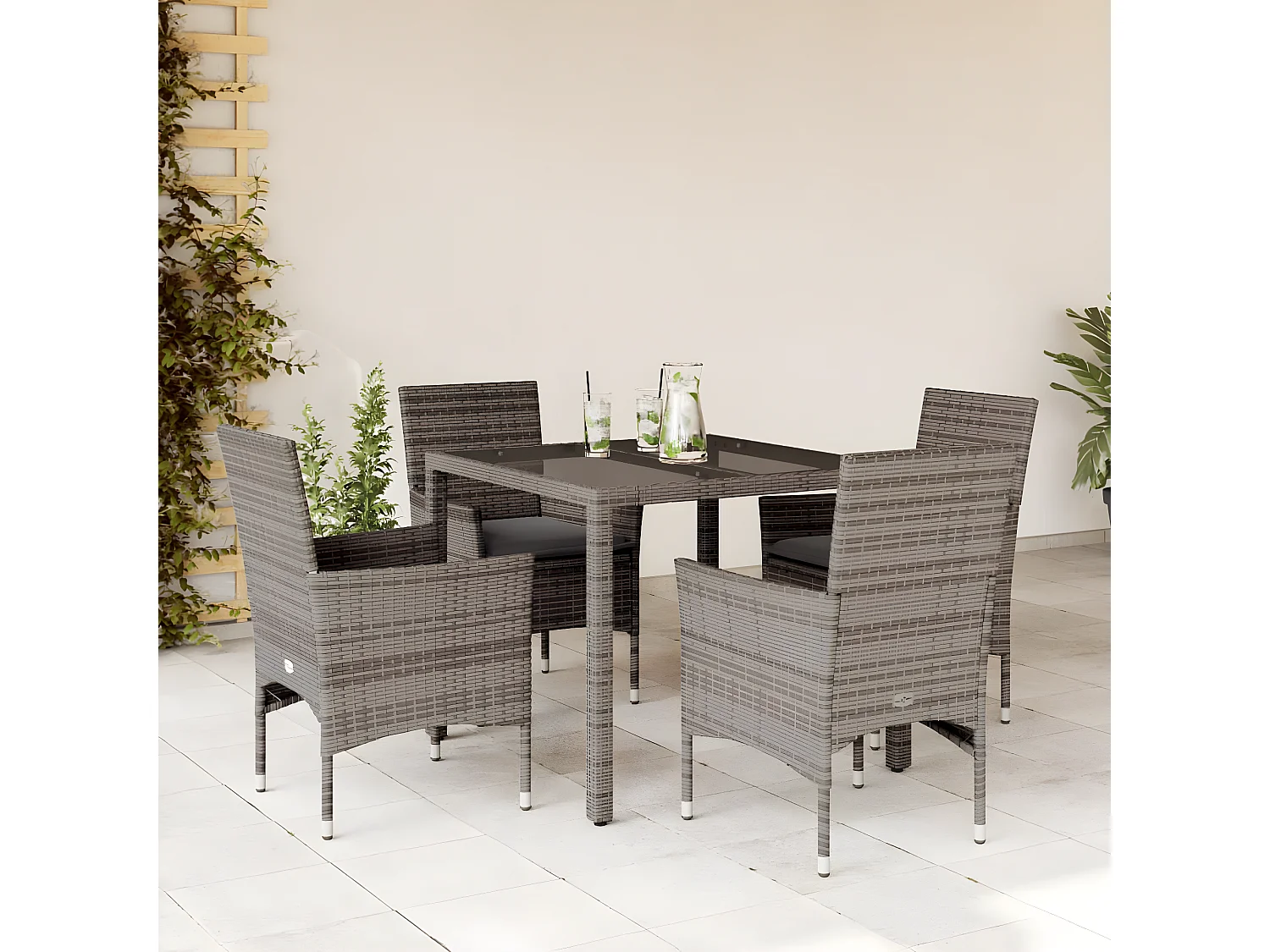 Ensemble à manger de jardin et coussins 5 pcs gris rotin verre