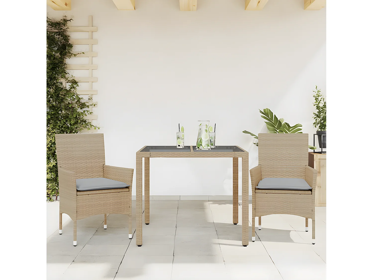 Ensemble à manger de jardin et coussins 3 pcs beige rotin verre