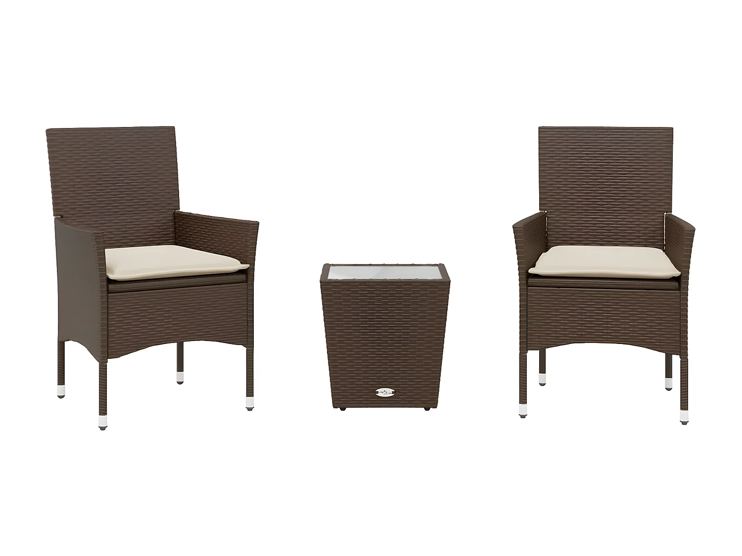 Ensemble de bistro avec coussins 3 pcs marron rotin et verre