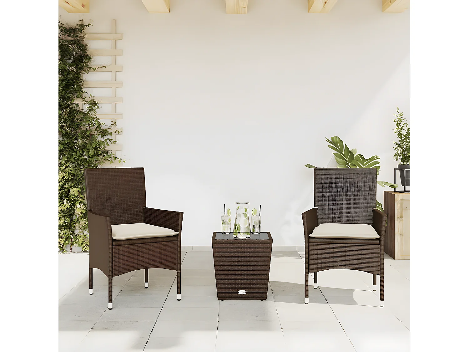 Ensemble de bistro avec coussins 3 pcs marron rotin et verre