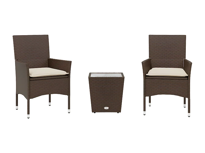 Ensemble de bistro avec coussins 3 pcs marron rotin et verre