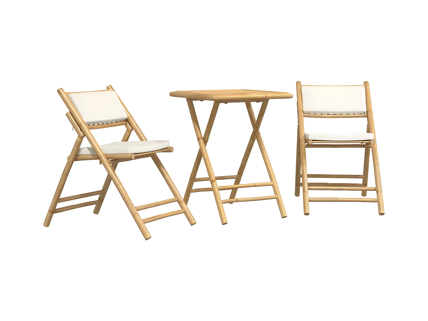 Ensemble de bistro pliante 3 pcs et coussins blanc crème bambou