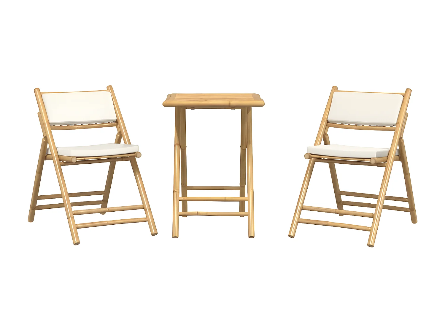 Ensemble de bistro pliante 3 pcs et coussins blanc crème bambou