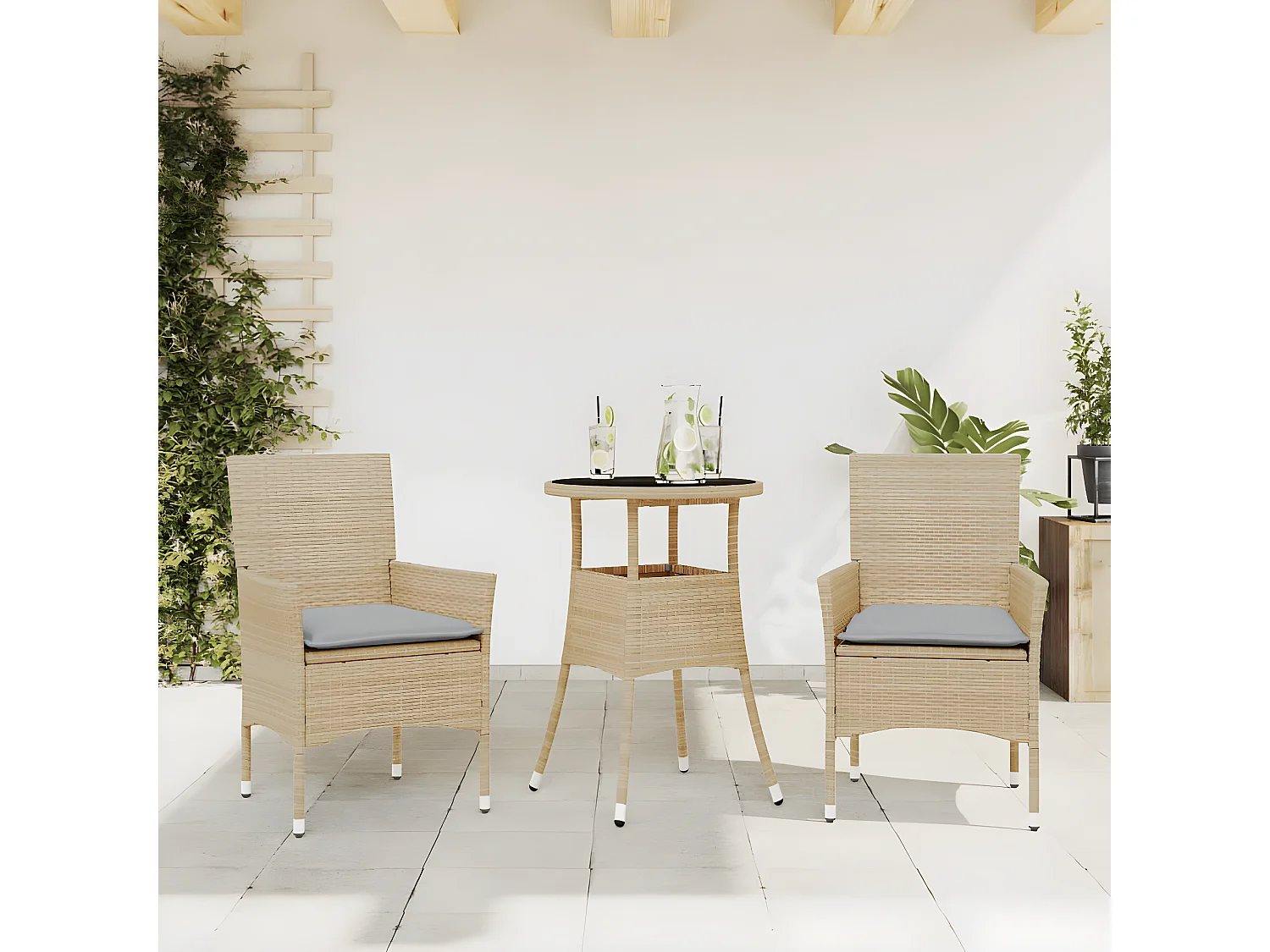 Ensemble à manger de jardin et coussins 3 pcs beige rotin verre