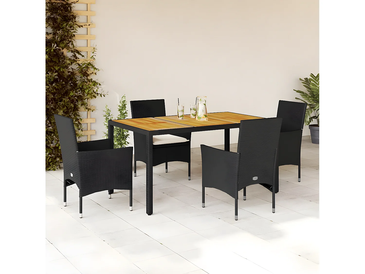 Ensemble à manger de jardin et coussins 5 pcs noir rotin acacia