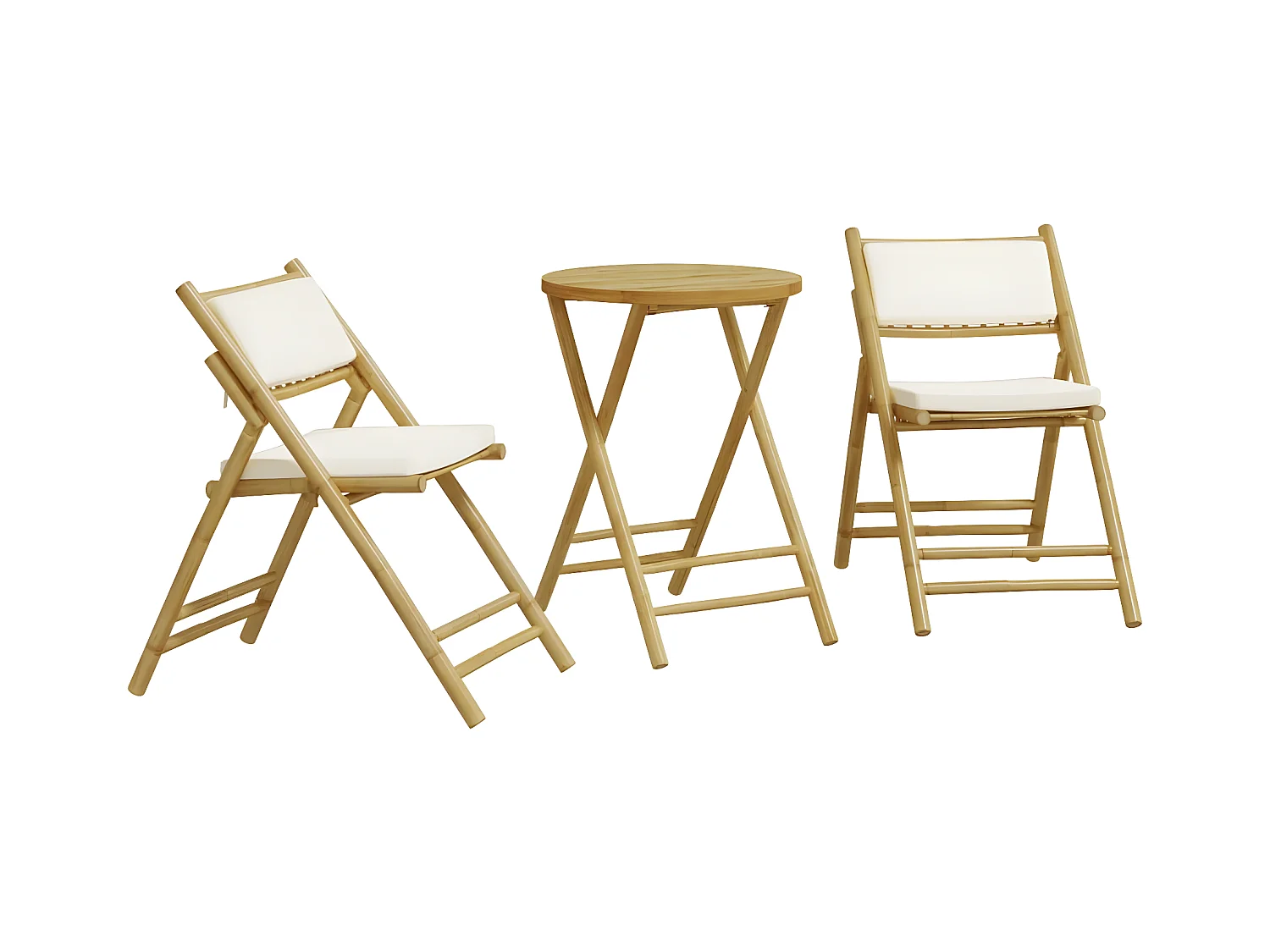 Ensemble de bistro pliante 3 pcs et coussins blanc crème bambou