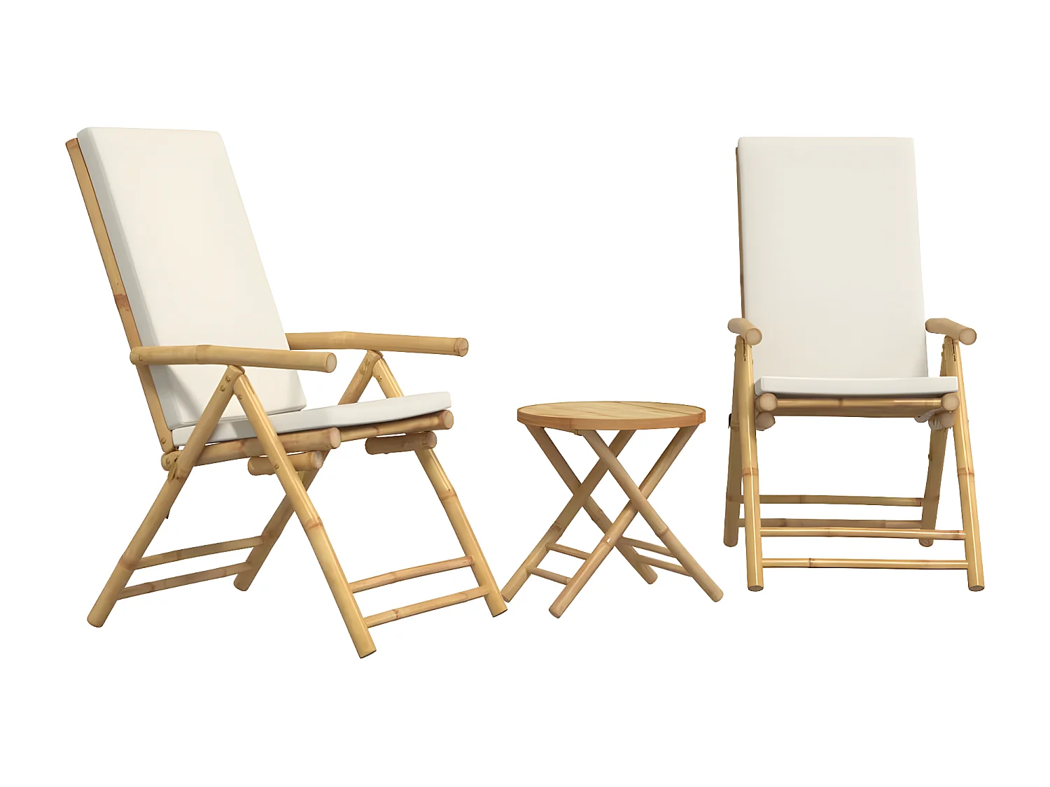 Ensemble de bistro pliante 3 pcs et coussins blanc crème bambou