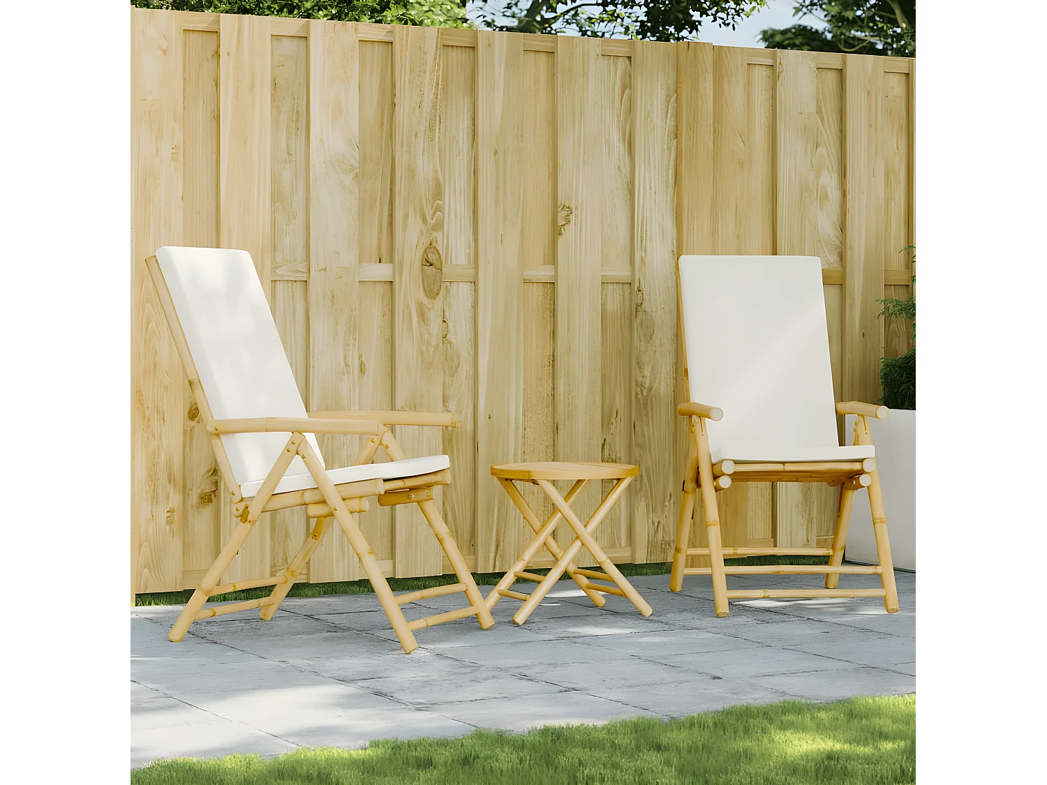 Ensemble de bistro pliante 3 pcs et coussins blanc crème bambou