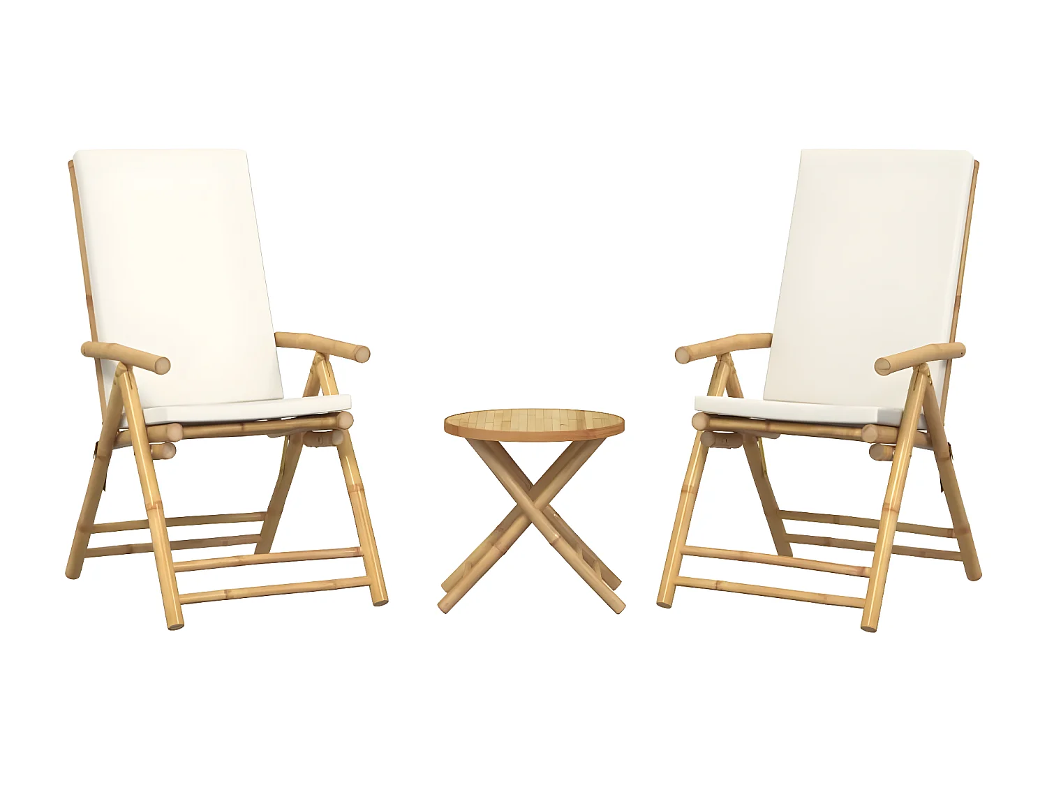 Ensemble de bistro pliante 3 pcs et coussins blanc crème bambou