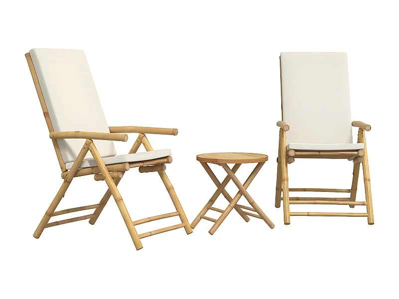 Ensemble de bistro pliante 3 pcs et coussins blanc crème bambou