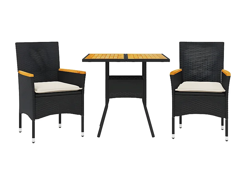 Ensemble à manger de jardin et coussins 3 pcs noir rotin acacia