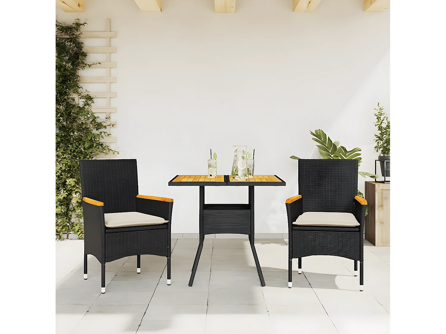 Ensemble à manger de jardin et coussins 3 pcs noir rotin acacia