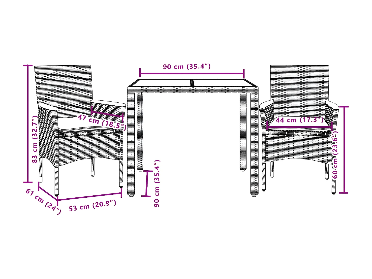 Ensemble à manger de jardin et coussins 3 pcs noir rotin acacia