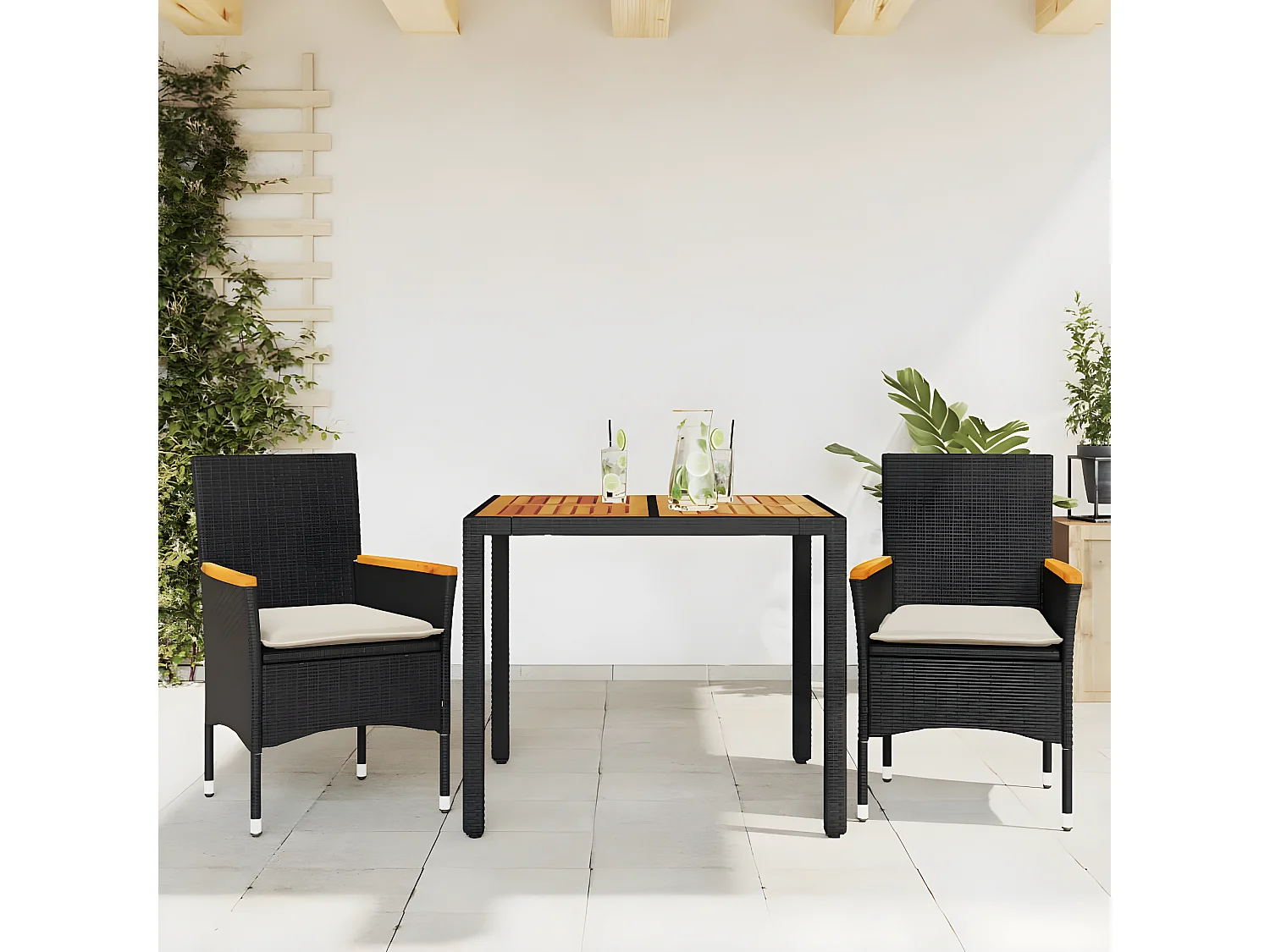 Ensemble à manger de jardin et coussins 3 pcs noir rotin acacia