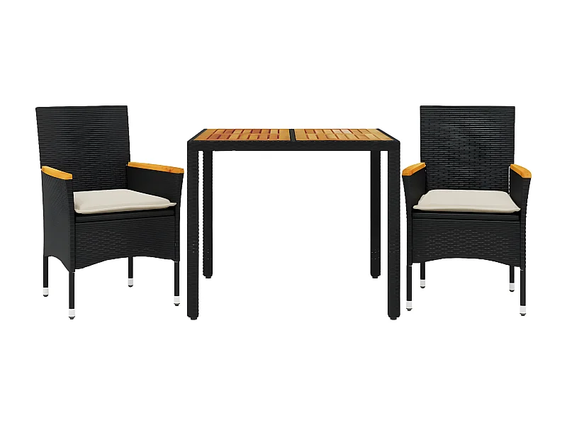 Ensemble à manger de jardin et coussins 3 pcs noir rotin acacia