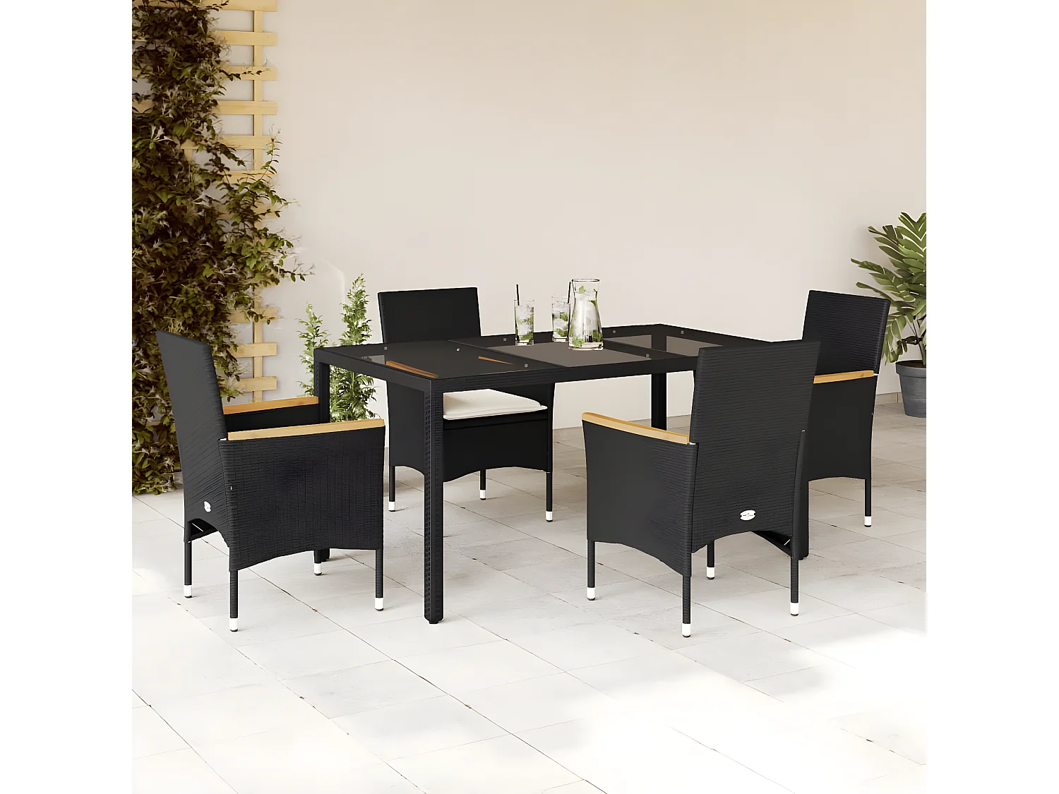 Ensemble à manger de jardin et coussins 5 pcs noir rotin verre