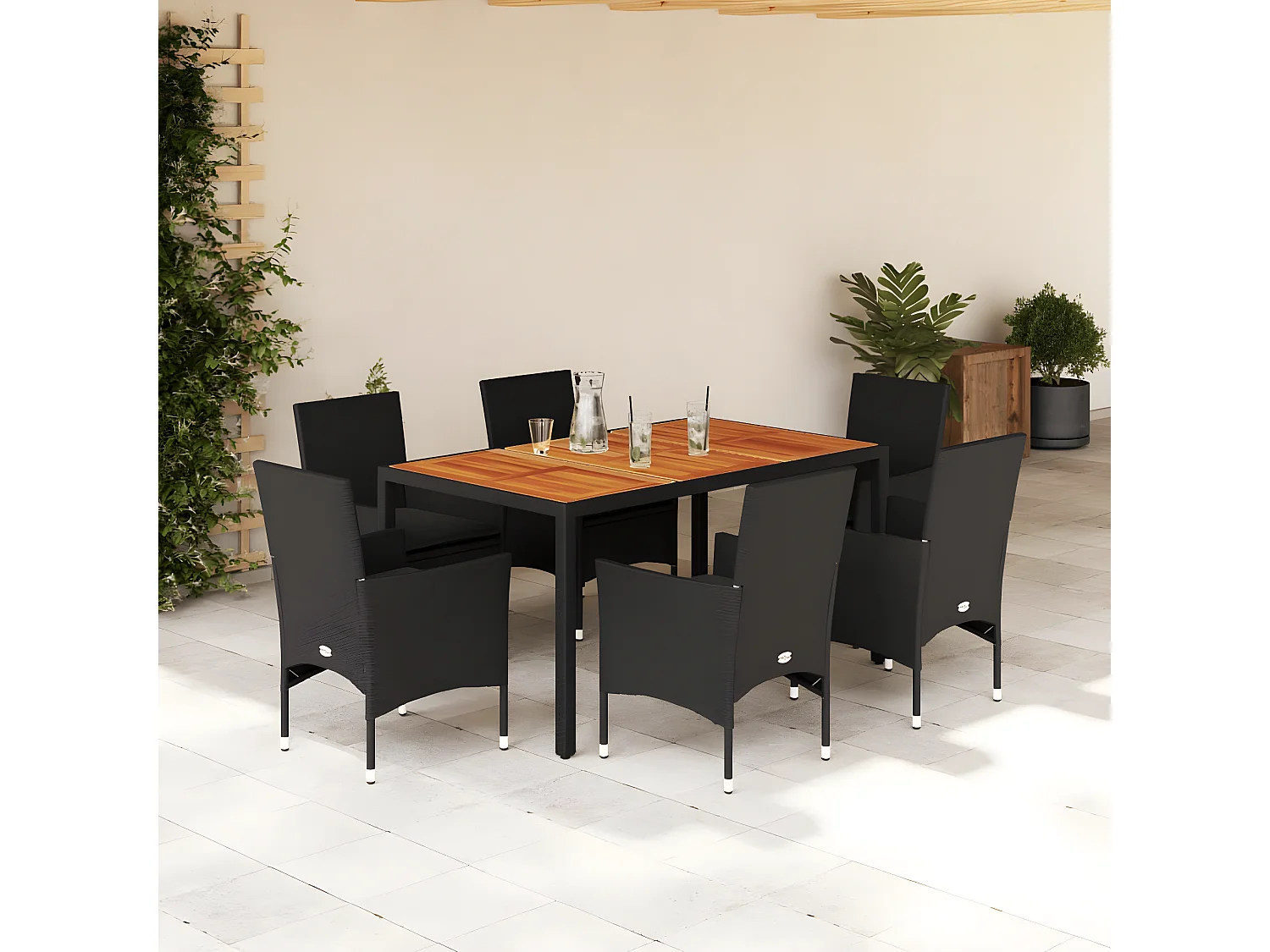 Ensemble à manger de jardin et coussins 7pcs noir rotin acacia