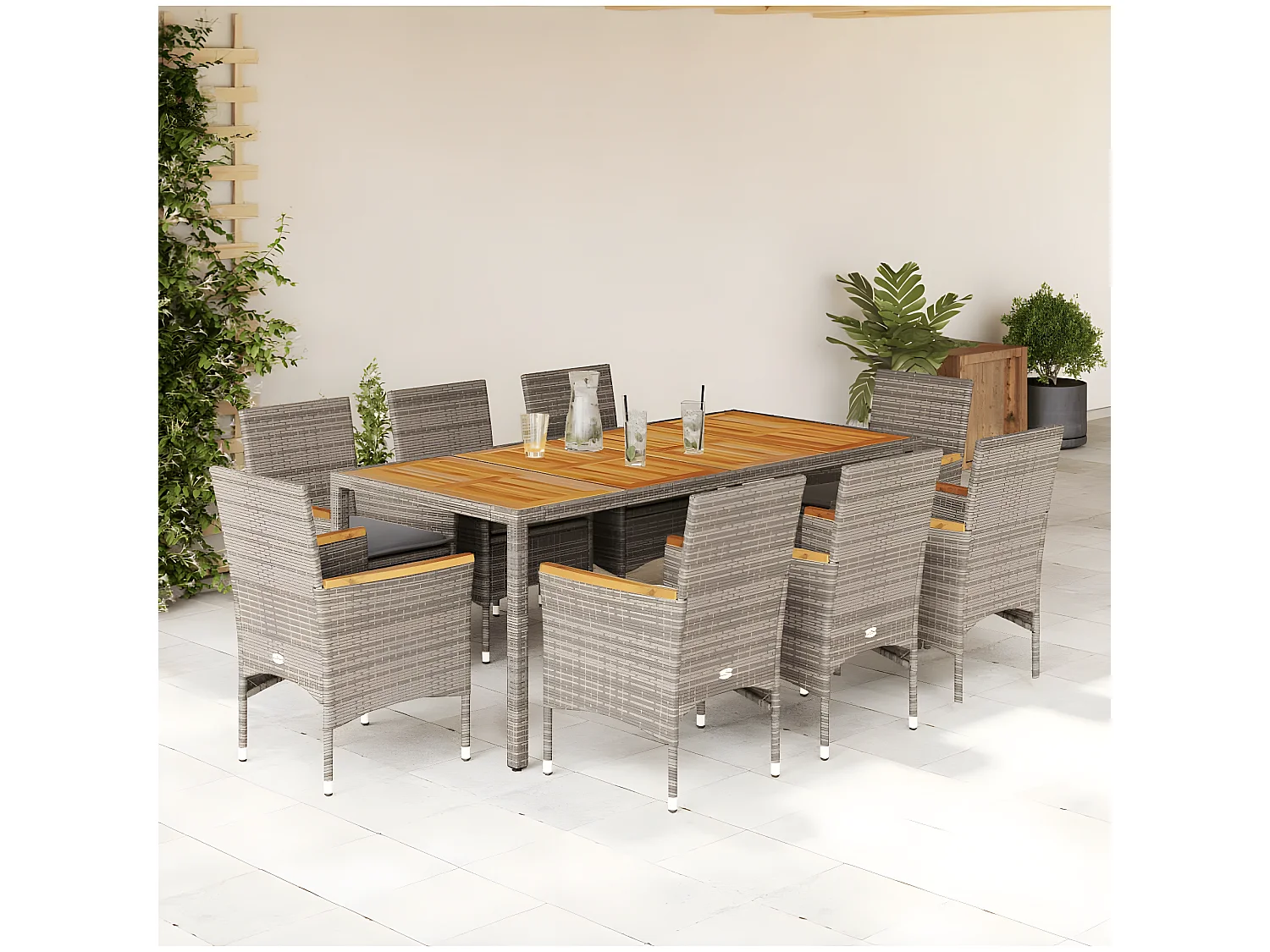 Ensemble à manger de jardin et coussins 9 pcs gris rotin acacia