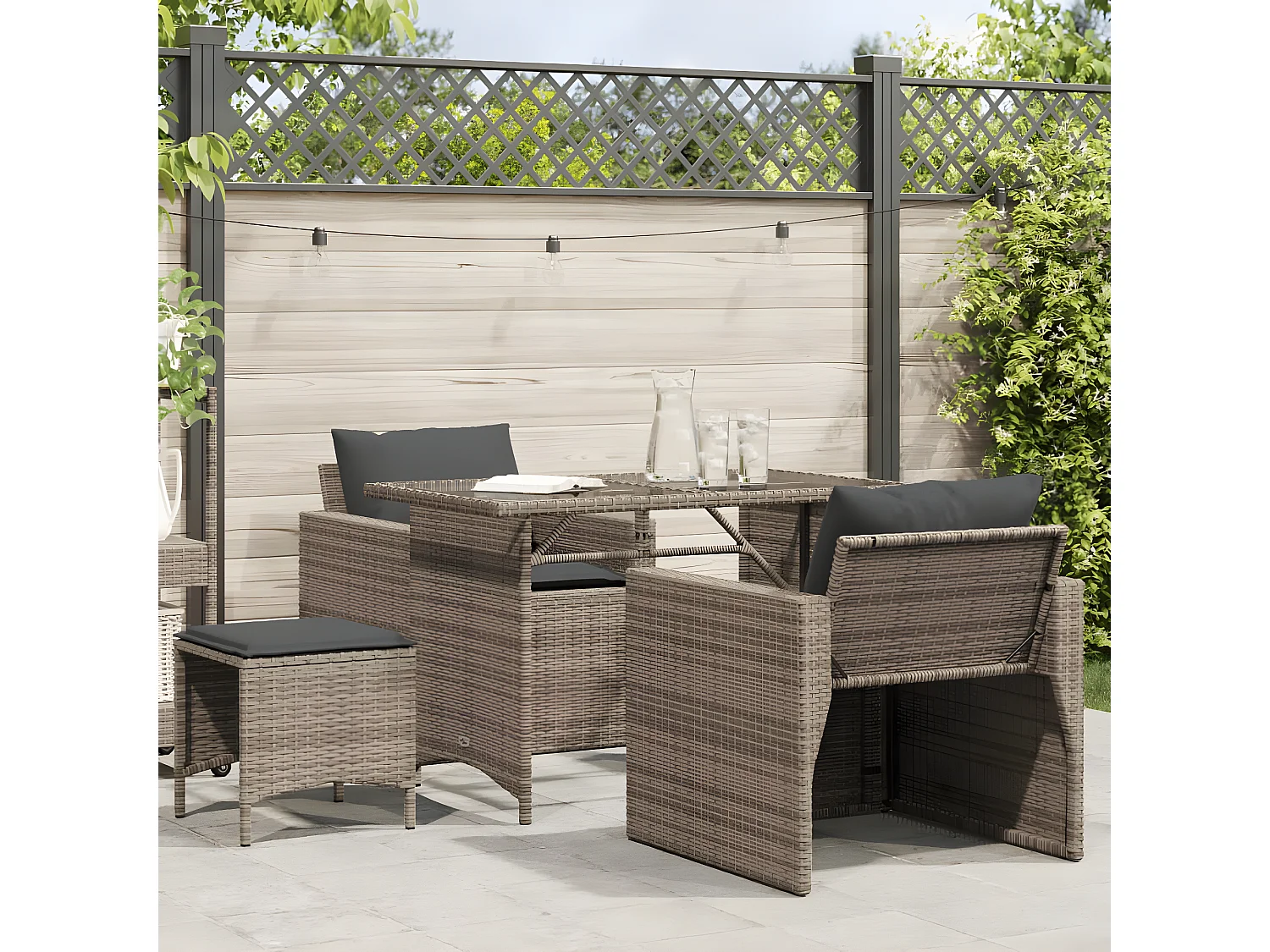 Salon de jardin 4 pcs avec coussins gris résine tressée