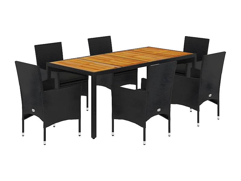 Ensemble à manger de jardin et coussins 7pcs noir rotin acacia