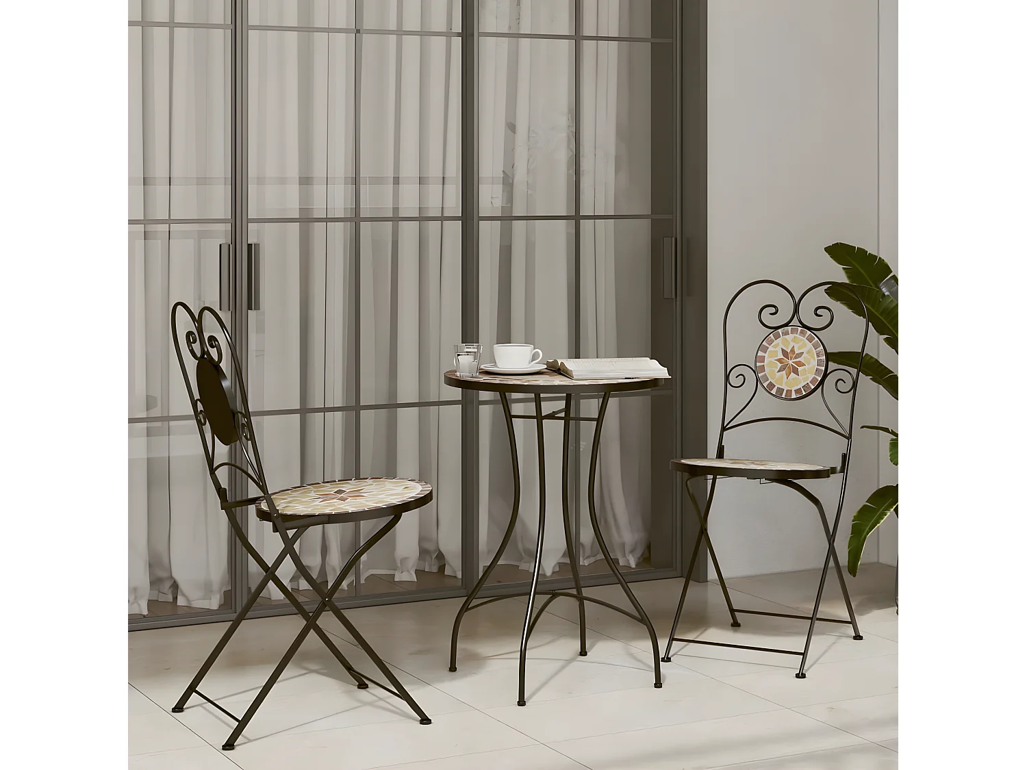 Bistroset mozaïek ijzer en keramiek terracottakleurig en wit