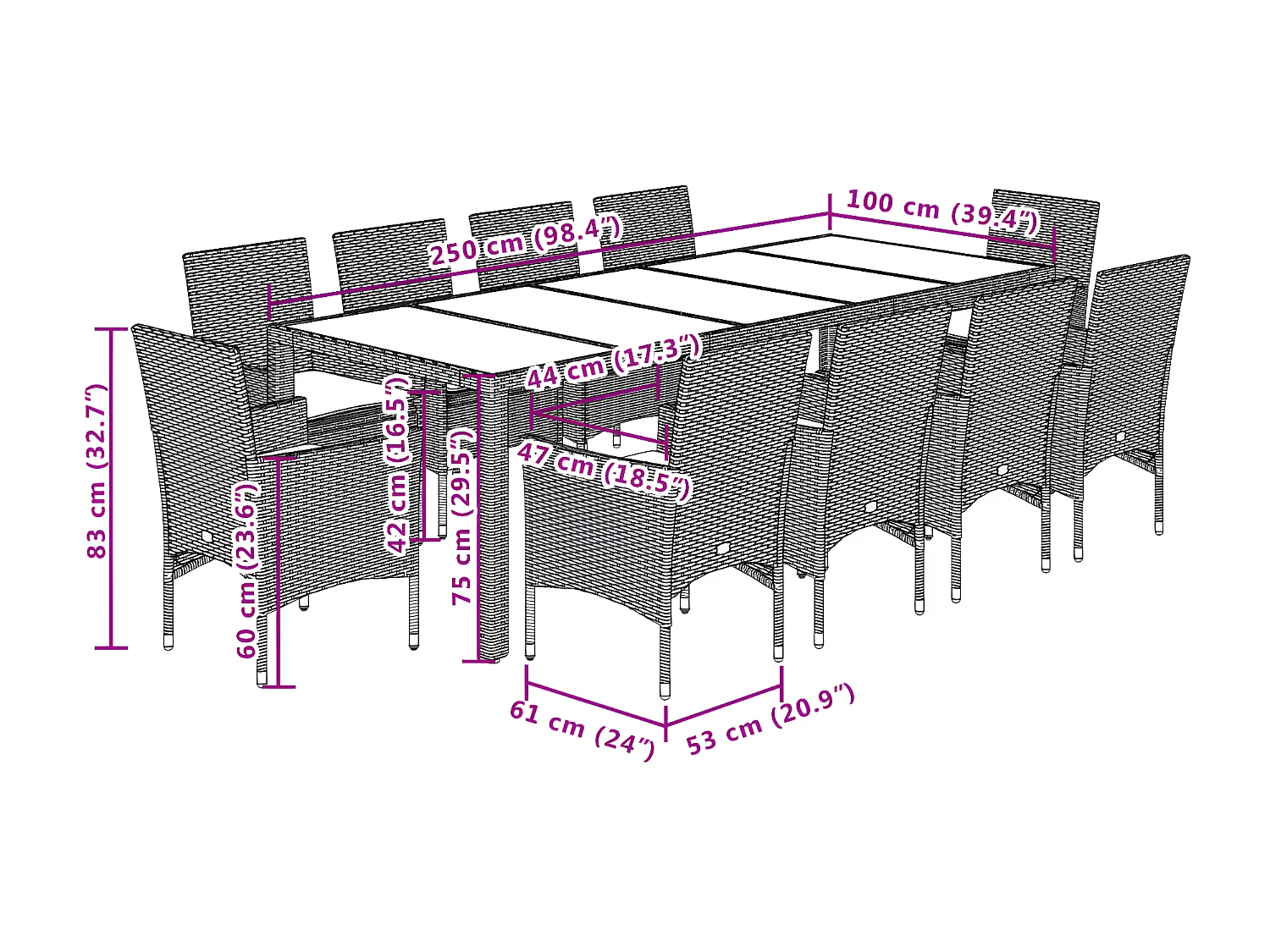 Ensemble à manger de jardin et coussins 11 pcs gris rotin verre
