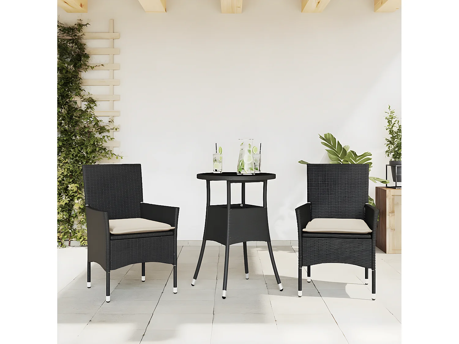 Ensemble à manger de jardin et coussins 3 pcs noir rotin verre
