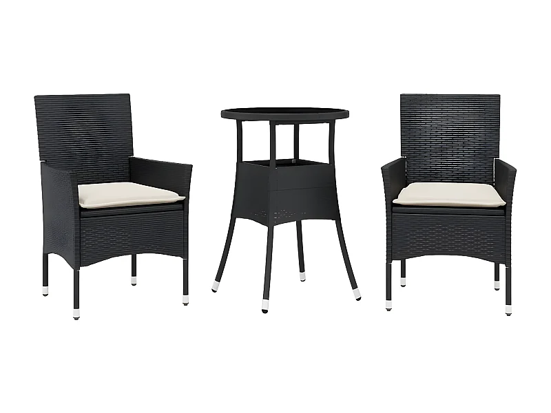 Ensemble à manger de jardin et coussins 3 pcs noir rotin verre