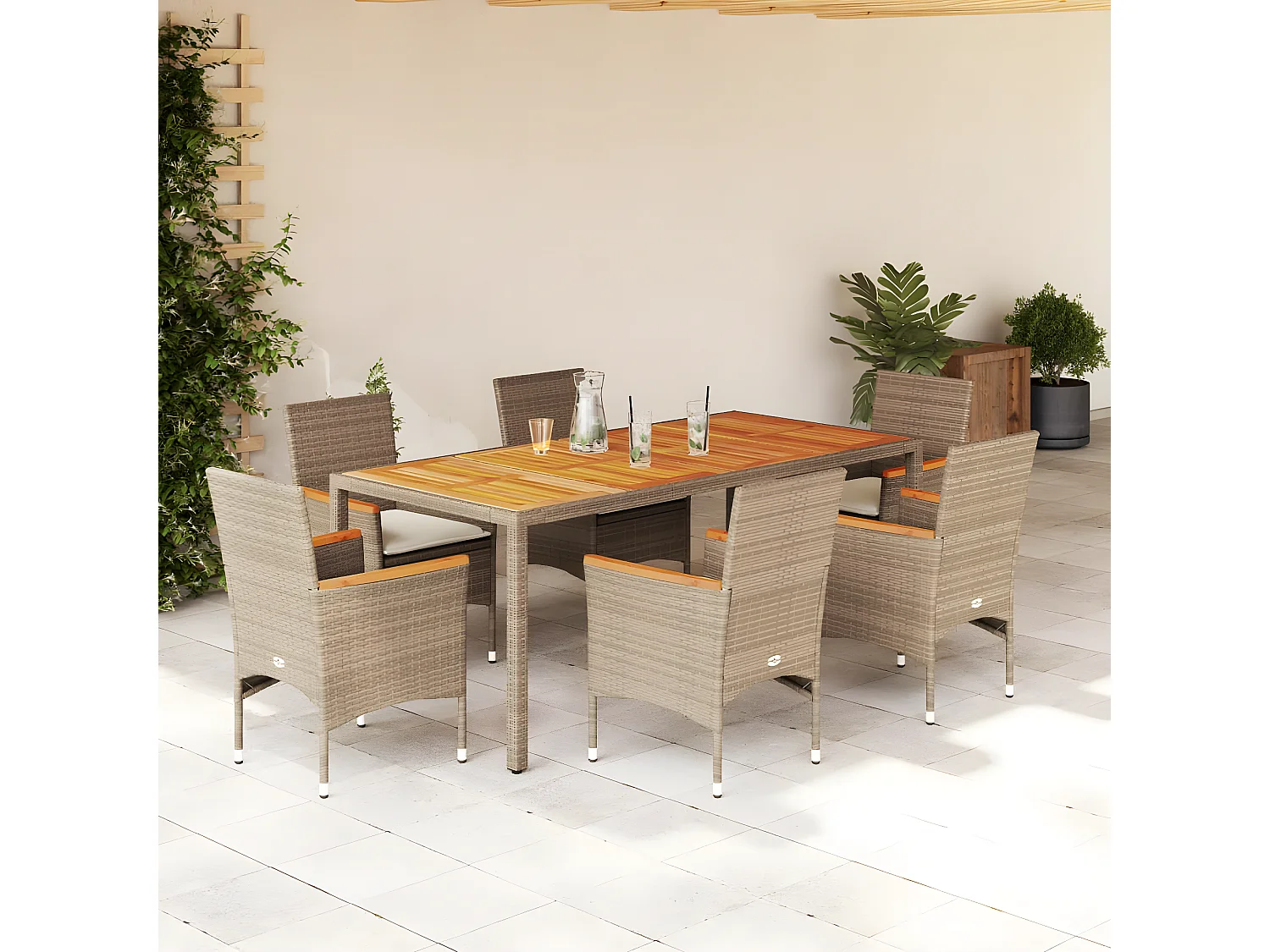 Ensemble à manger de jardin et coussins 7pcs beige rotin acacia