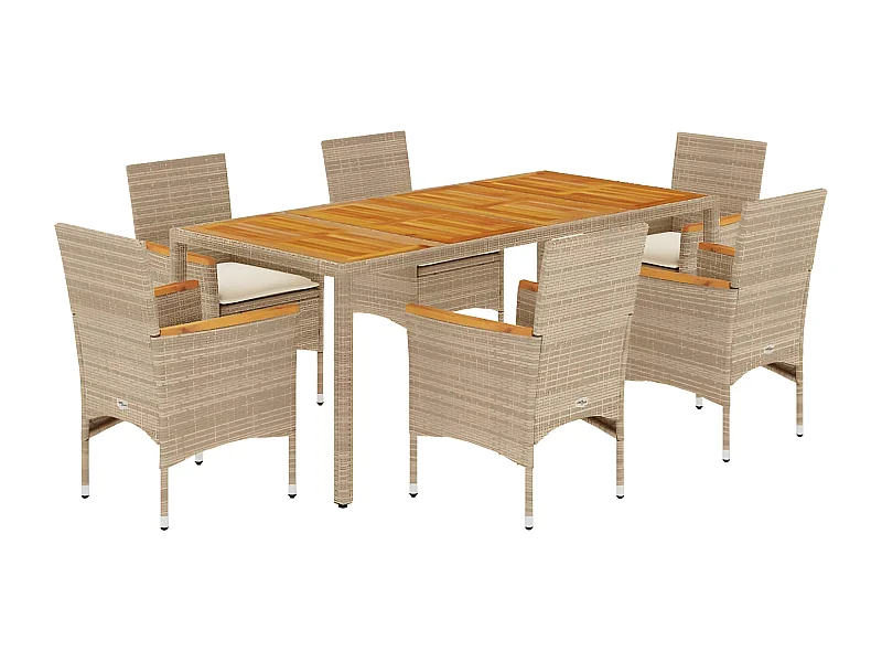 Ensemble à manger de jardin et coussins 7pcs beige rotin acacia