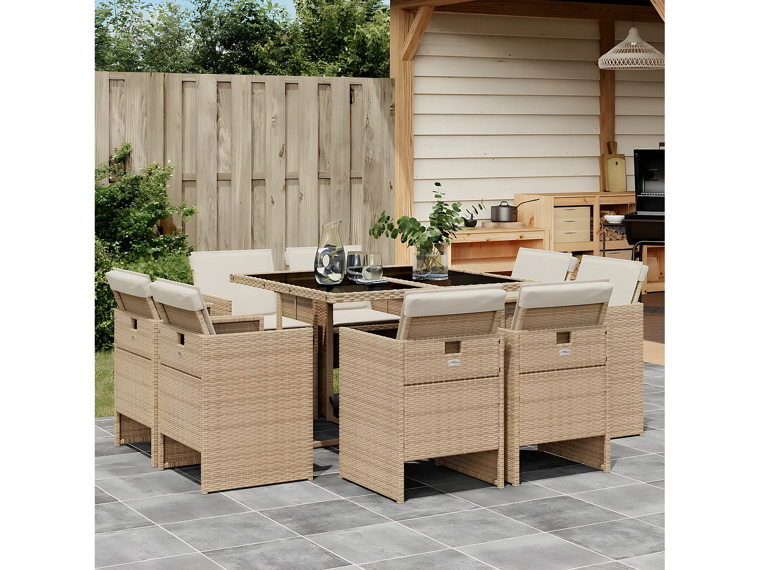 Ensemble à manger de jardin et coussins 9 pcs beige Poly rotin
