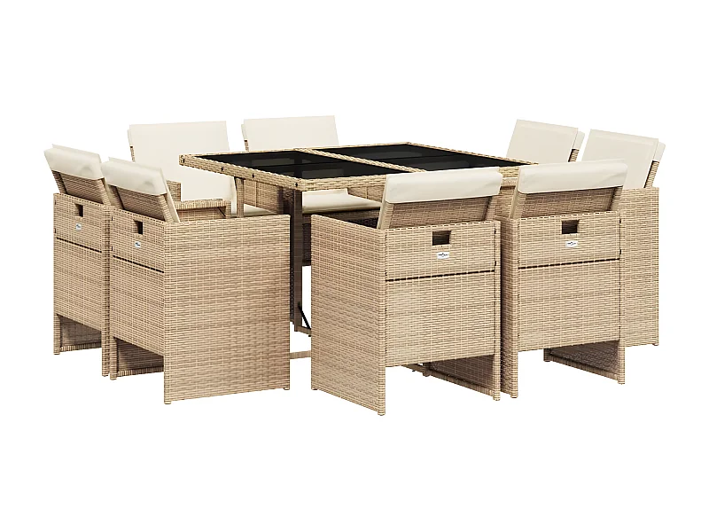 Ensemble à manger de jardin et coussins 9 pcs beige Poly rotin