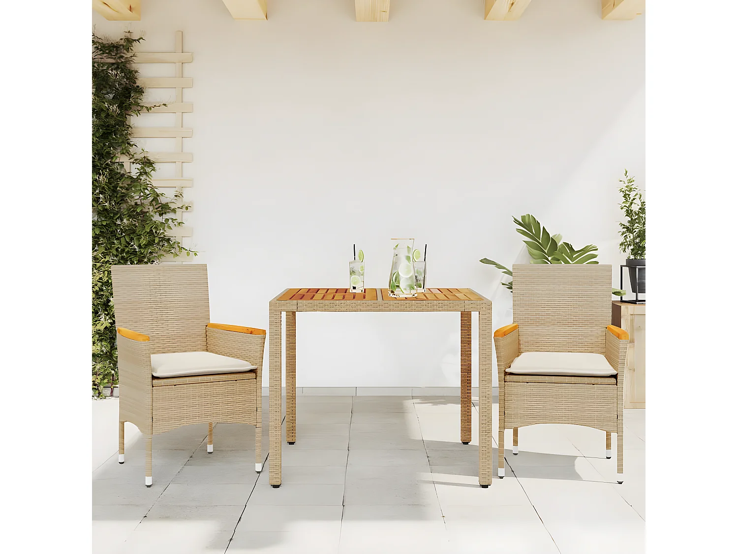 Ensemble à manger de jardin et coussins 3pcs beige rotin acacia