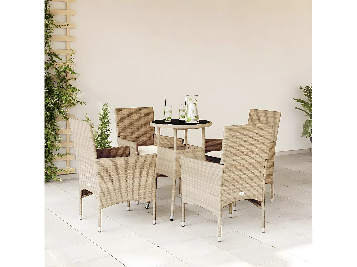Ensemble à manger de jardin et coussins 5 pcs beige rotin verre