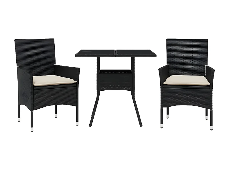Ensemble à manger de jardin et coussins 3 pcs noir rotin verre