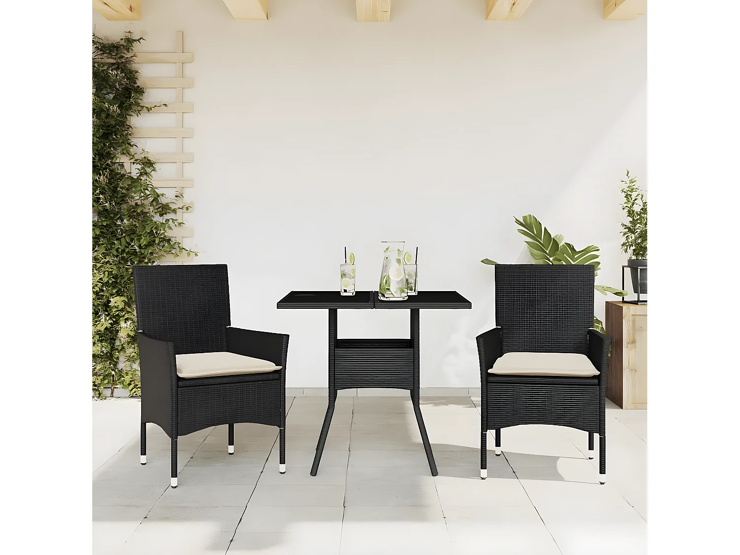 Ensemble à manger de jardin et coussins 3 pcs noir rotin verre