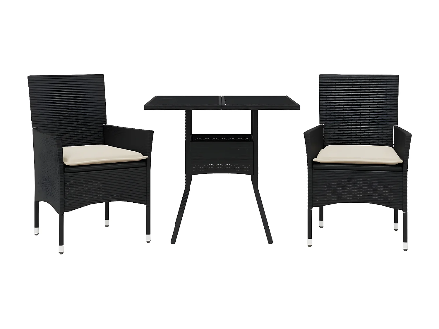 Ensemble à manger de jardin et coussins 3 pcs noir rotin verre