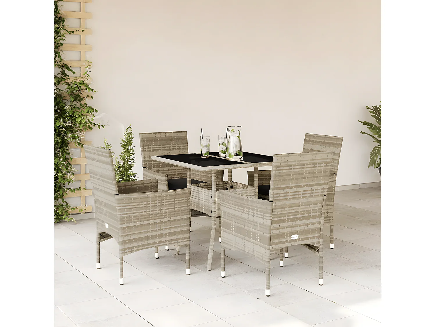 Ensemble à manger de jardin avec coussins 5 pcs rotin et verre