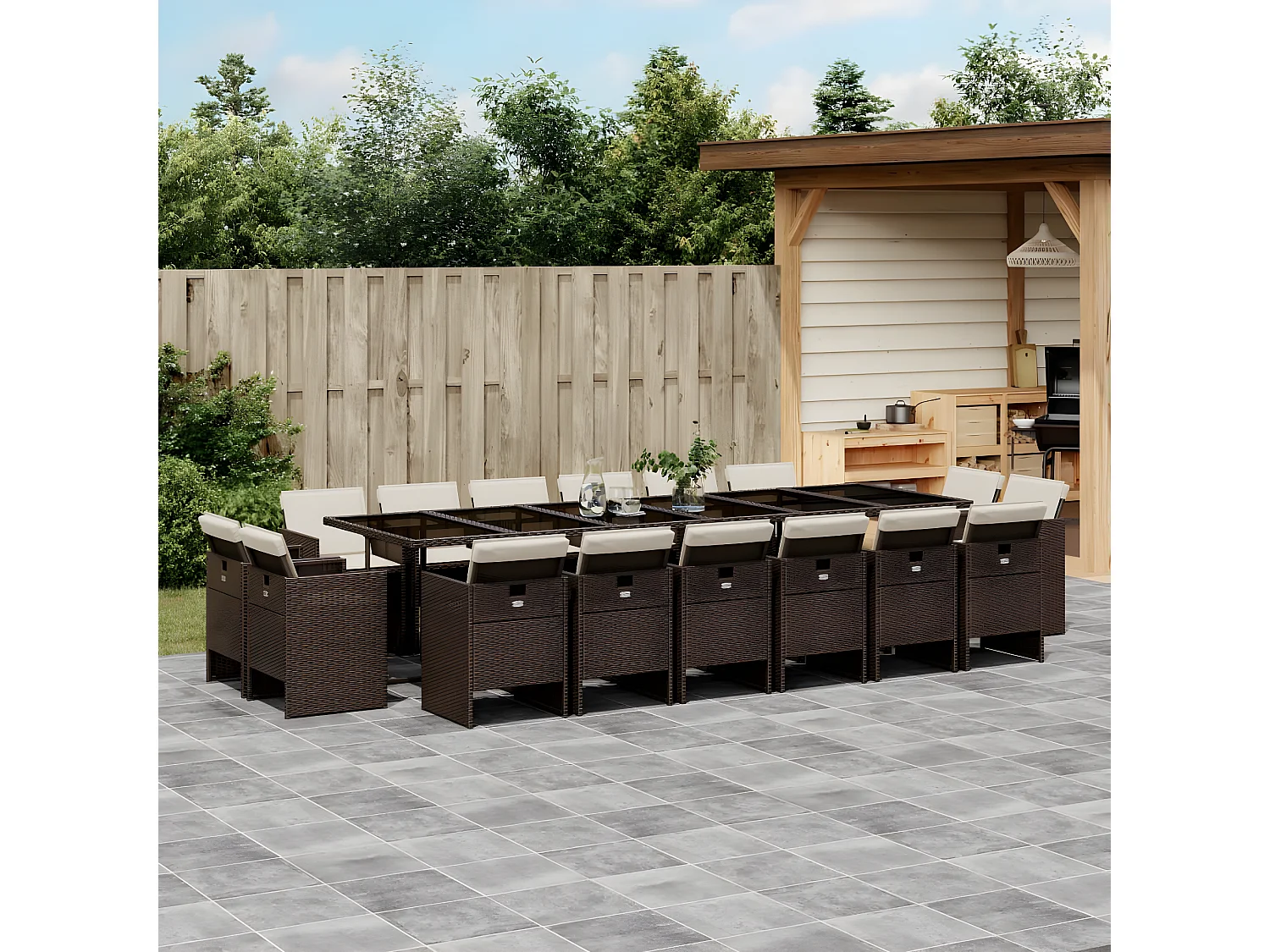 Ensemble à manger de jardin et coussins 17 pcs marron rotin