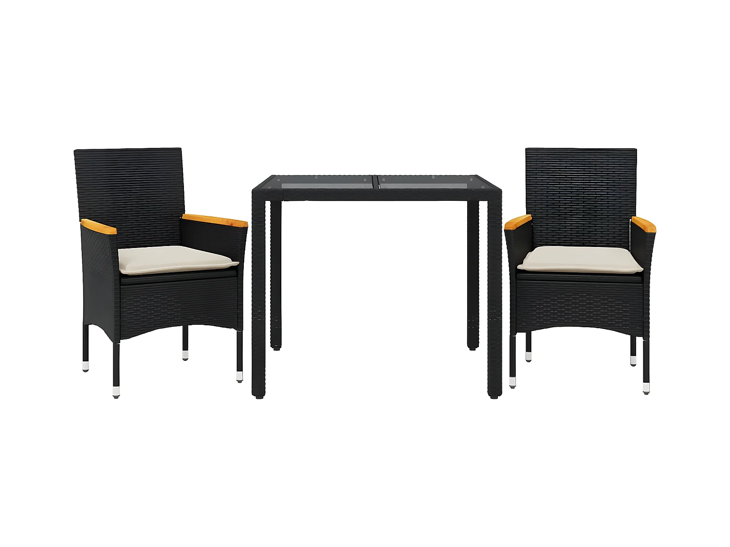 Ensemble à manger de jardin et coussins 3 pcs noir rotin verre