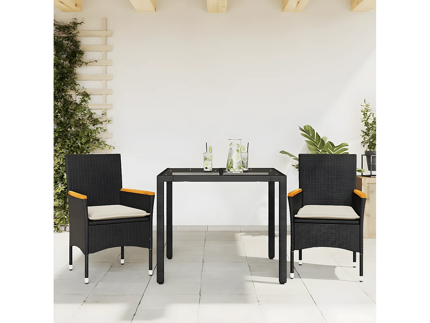 Ensemble à manger de jardin et coussins 3 pcs noir rotin verre