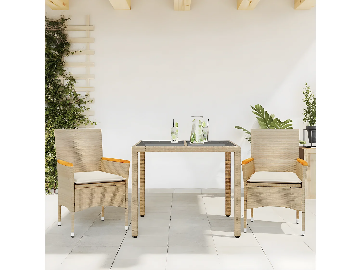 Ensemble à manger de jardin et coussins 3 pcs beige rotin verre