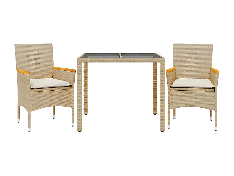 Ensemble à manger de jardin et coussins 3 pcs beige rotin verre