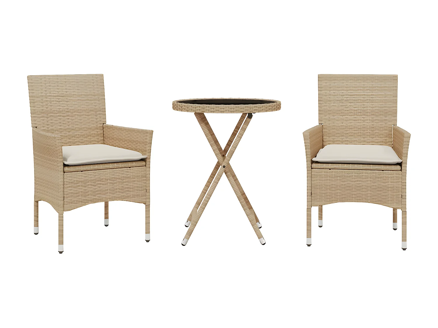 Ensemble de bistro avec coussins 3 pcs beige rotin et verre