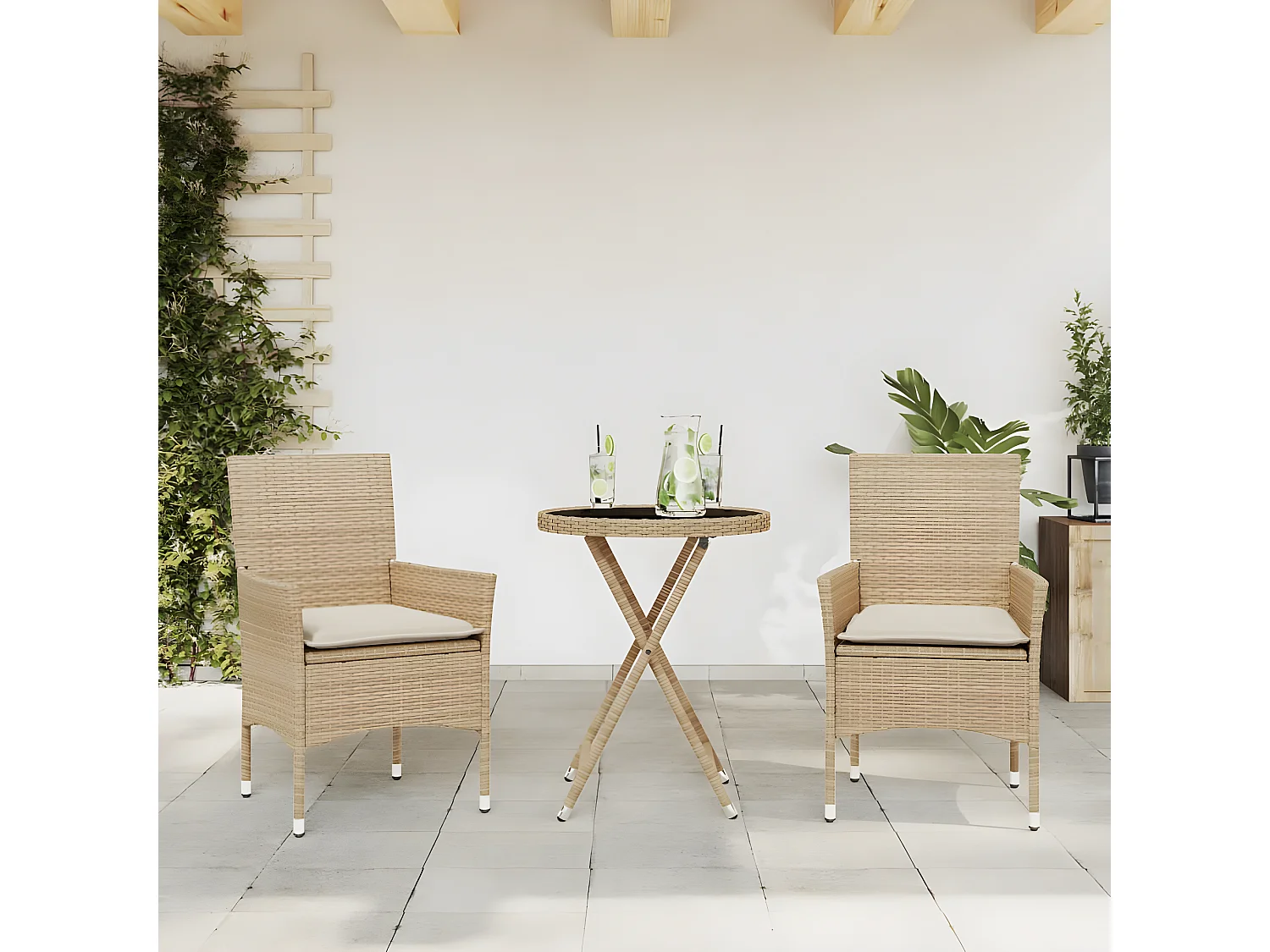 Ensemble de bistro avec coussins 3 pcs beige rotin et verre